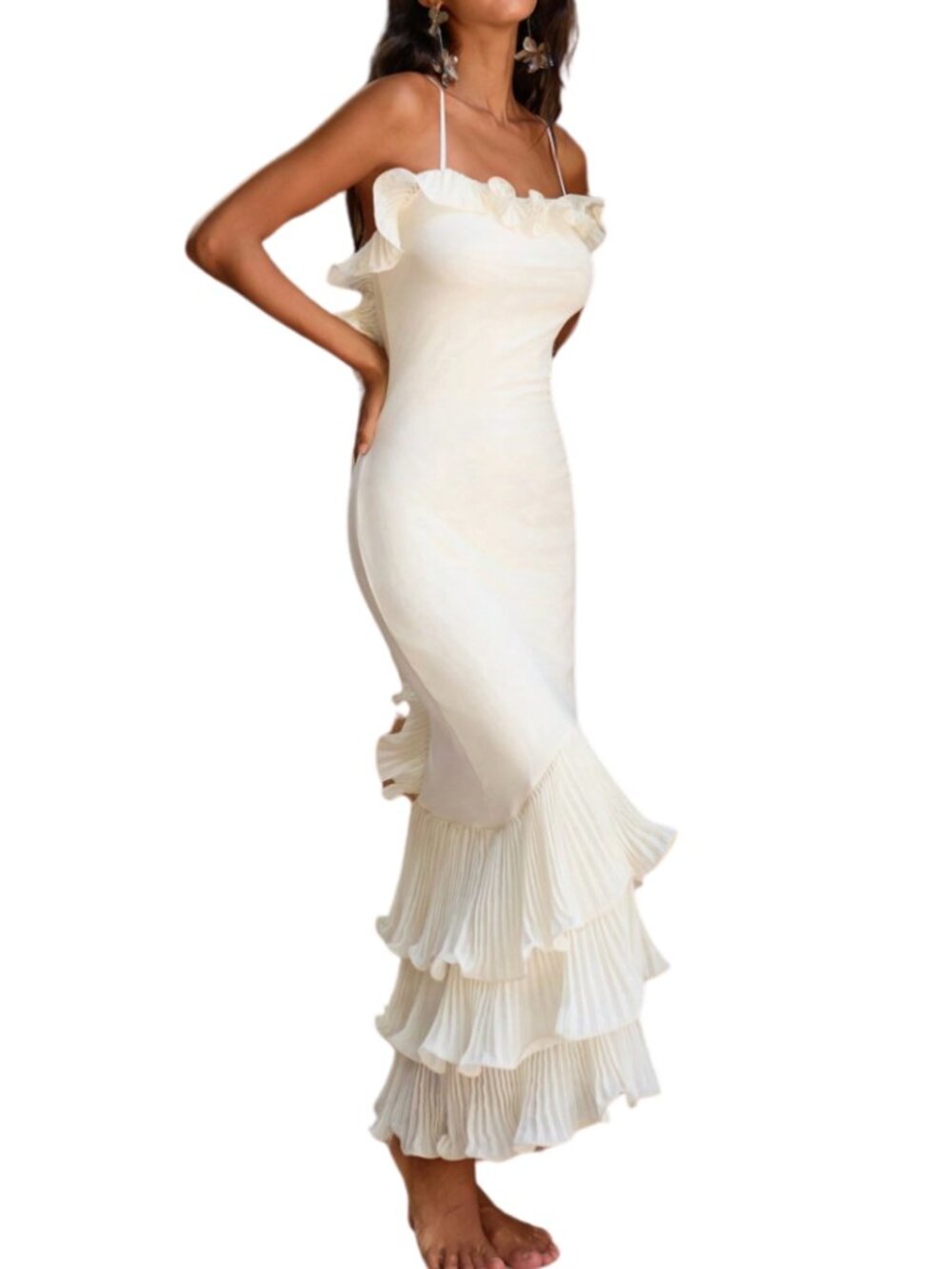 Cream Ruffle Trim Backless Mermaid Maxi Dress Boho Beach Vacation Party Sz M - Picture 4 of 10